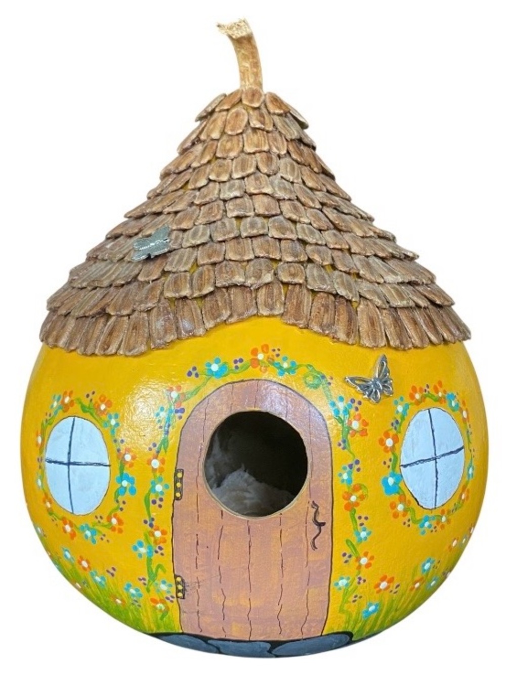 Hand Painted Gourd Bird House Ornately Rustic Fairy Cottage Decor Bee Butterfly